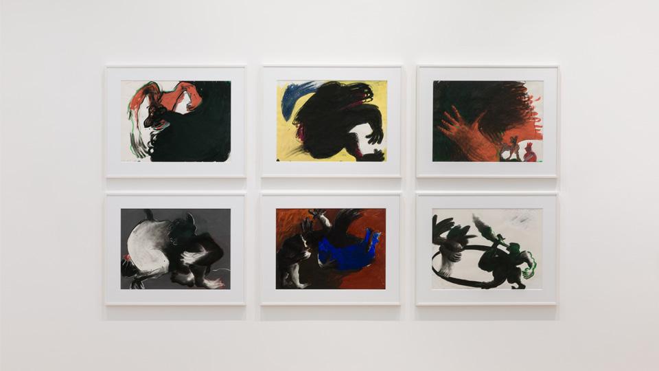 Six paintings against a white gallery wall